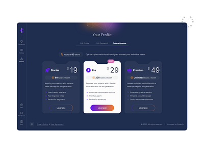 AI Contenter interface design. Pricing screen ai contenter creative dark mode dashboard design interface pricing ui uxui web web design website