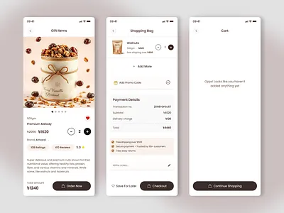 Delightful Shopping Experience – Minimal & Warm UI checkout ui clean ui design of the day dribble trending ecommerceapp empty cart empty state figma design food app ui gift shop minimal design mobile app mobile app design nuts dates app product page shopping cart sweet treat user experience ux ui