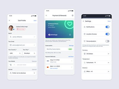 Profile & Settings design edit profile ios mobile payment page settings simple ui user profile ux