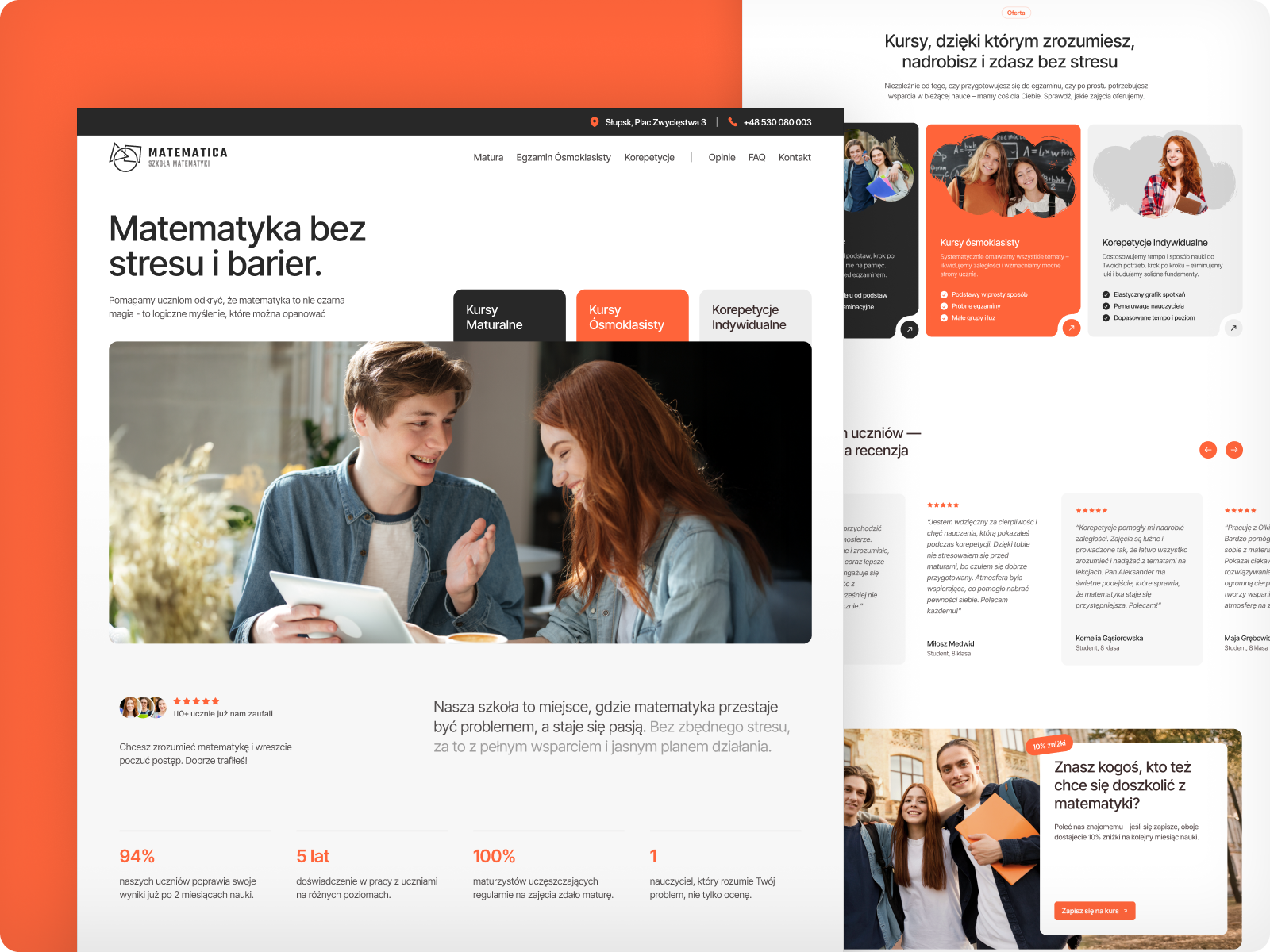 ✏️ Matematica – a math school with a heart adress bright cards clean light local minimal modern navigation orange pricing card school services study tables tabs ui ux web design webflow