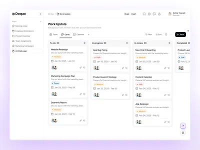 Doquo - Work Update Card View clean ui dashboard kanban management manager organise project project management saas saas webapp task assign task update tast management team activity ui design uiux ux web design work status workspace