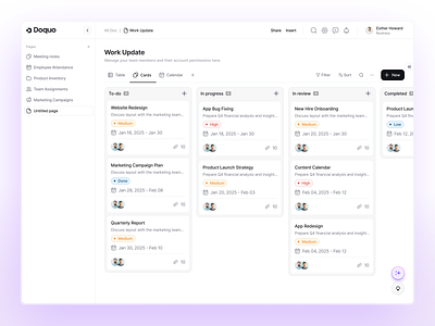 Doquo - Work Update Card View clean ui dashboard kanban management manager organise project project management saas saas webapp task assign task update tast management team activity ui design uiux ux web design work status workspace