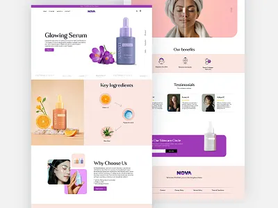 Nova – Skincare Landing Page UI Design beautyproduct cosmetics ecommerce figmadesign landing page landingpage minimaldesign pastelcolors productpage serum shopifydesign skincare uiux uiux deisgn webdesign