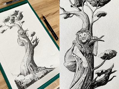 Lions often climb bonsai draw drawing illustration lion traditional tree
