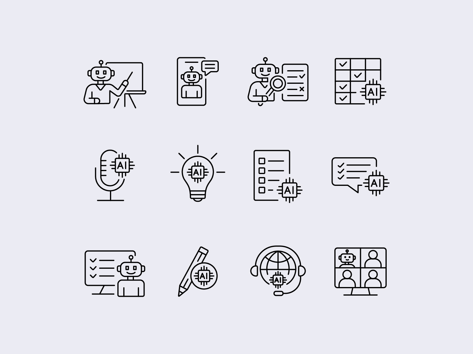 AI-Powered Education & E-Learning Line Icons ai icons ai tutor app chatbot interface e learning ui edtech design education dashboard flat icon design icon set iconography icons illustration line minimalist icons online education school app design smart teaching tools ui virtual classrooms