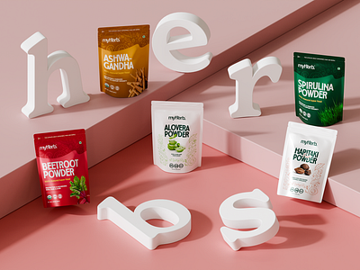 MyHerb || 3d Product packaging visuals 3d letters 3d product packaging branding design graphic design health supplement healthcare herbs online supplement packaging pouch design powder product design shopify typography