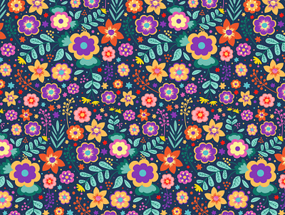 Joyful Blossom (dark version) colorful colourful design digital art digital arts digital illustration floral flower flowers graphic design illustration pattern pattern design seamless pattern surface pattern