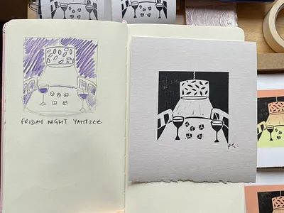 Friday Night Yahtzee design illustration linoprint typography