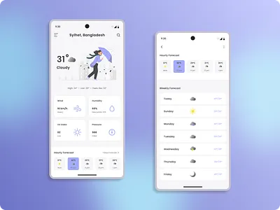 Weather App UI android design app design cloud forecast graphic design illustration mobile app mockup sunny thunder ui ui design umbrella user experience user interface ux design vector vizora weather weather app