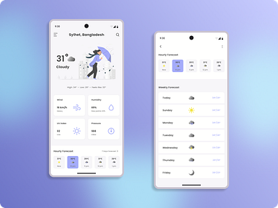 Weather App UI android design app design cloud forecast graphic design illustration mobile app mockup sunny thunder ui ui design umbrella user experience user interface ux design vector vizora weather weather app