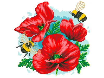 Poppies Pixel Art Illustration bees design digital art flowers graphicdesign illustration illustration art pixel art pixelart pixelartist pixels poppies red red poppy summer