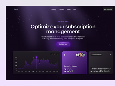 Subscription management Web Design business dark mode data hero insights landing page managment purple saas software subscription track data ui ui design users web web design website design
