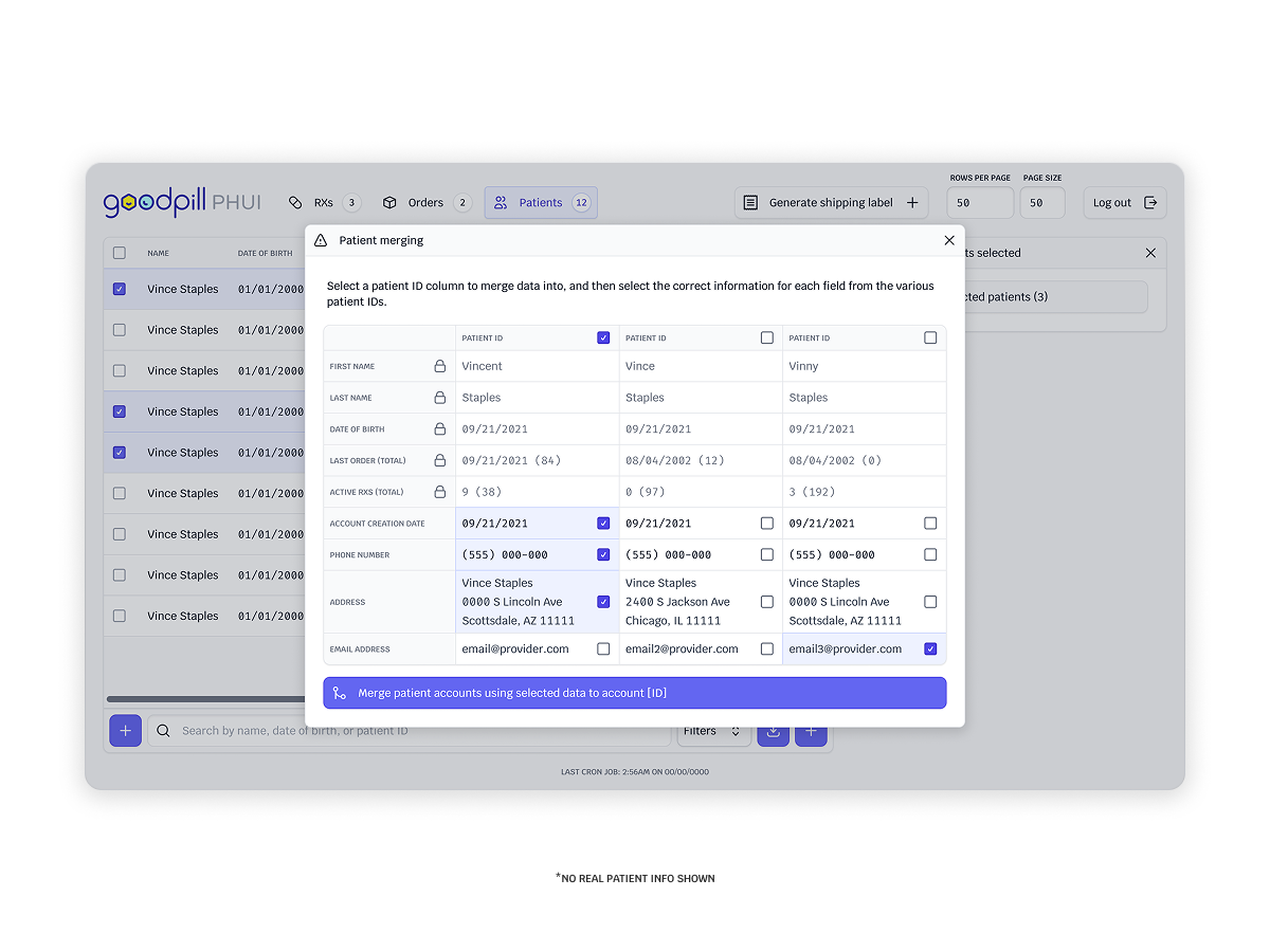 Merging complex patient profiles | Goodpill admin ui data design data management healthcare patient management pharmacy saas ui ux web design
