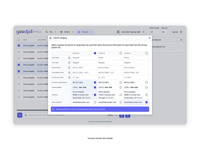 Merging complex patient profiles | Goodpill admin ui data design data management healthcare patient management pharmacy saas ui ux web design
