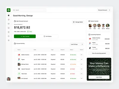 Banking Dashboard app bank chart clean dashboard design fireart invest money overview summary table ui ux