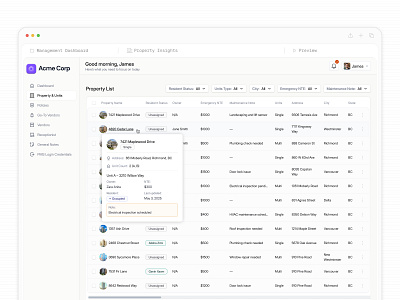 Real Estate Property SaaS Dashboard UI apartment building manager tools datatable home house housing interactive list maintenance management minimal minimal design multi unit view properties property property insights real estate resident saas saasfactor