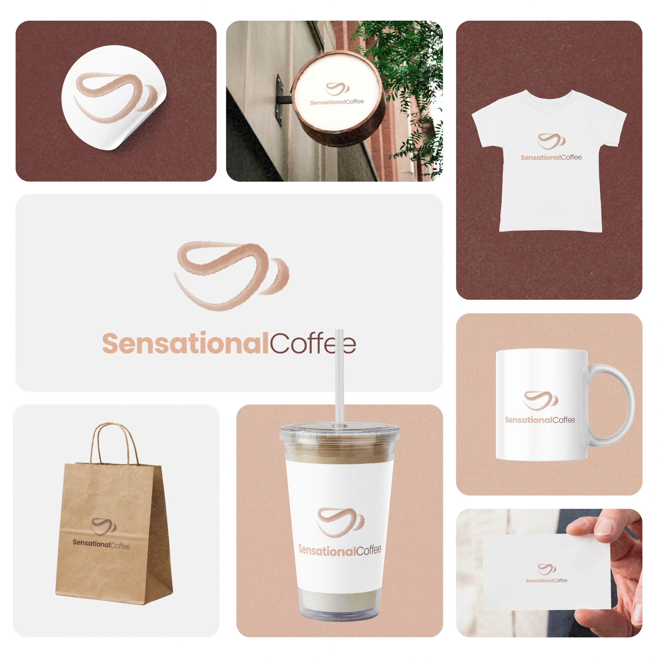 SensationalCoffee Brand Identity Design coffee coffee brand coffee shop cursive custom logo design drink dynamic flat handdrawn illustration lettermark logo logo design minimal modern script sip symbolic tea