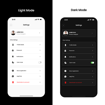 Settings page - DailyUi 007 app design darklight mode design inspo designer explore figma designer hire mobile app designer mobile app inspo product designer toggle design ui designer uiux designer