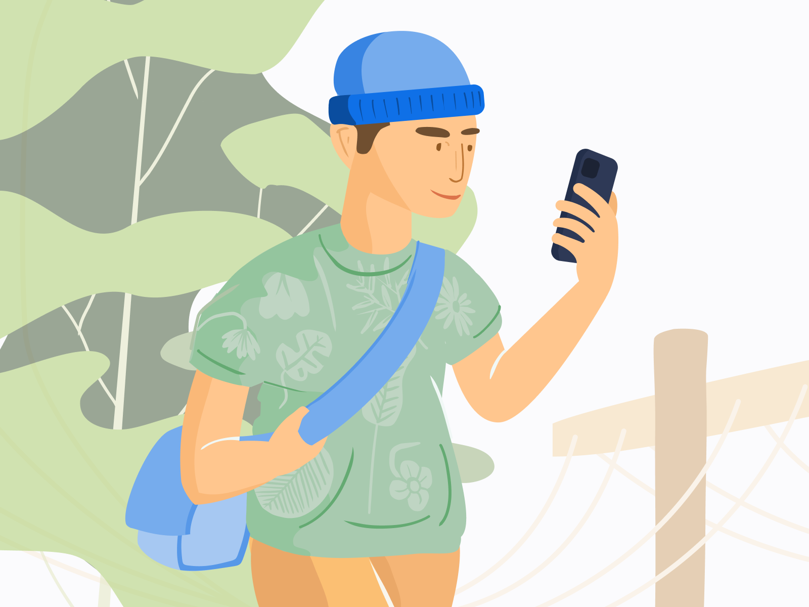 Illustration - Mobile bag calming character communication drawing figma forest illustration man mobile park phone tree vector vegetation walking work working