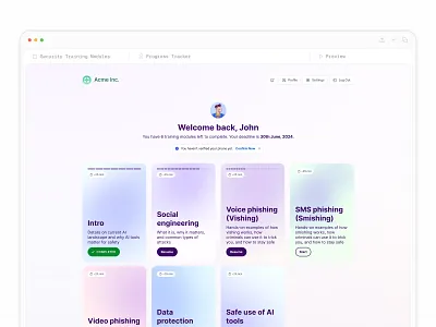 Security training SaaS dashboard UI compliance course design enterprise exercise gamified gamified learning learning lms modern module ui onboarding phishing product saas saas product security security awareness training ui dashboard