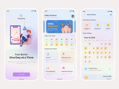Mood Tracker App UI—Monitor, Reflect & Improve Your Mental Well app concept app design calm app choton choton99design clean ui daily mood dailyui design figma light mode mental wellness mobile app mobile experience modern ui mood tracker ui design ui inspiration ux desig ux design