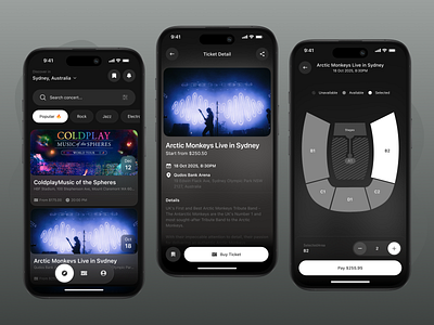 Gigsy — Event Ticketing App best app design booking concert dark mode event event booking ios minimal design mobile mobile app mobile ui design organizer ticket tour ui