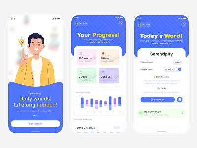 Vocabulary App UI—Learn New Words with Style and Simplicity app design choton99design clean ui daily learning education app figma design flashcard app graphic design language learning language ui language ui design learn english mobile app ui modern education study app ux ux design vocab builder vocabulary app word learning