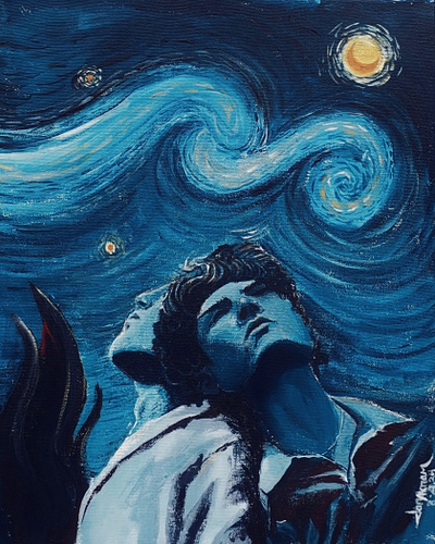 Secret communion of hearts on starry night acrylic painting call me by your name conceptual art illustration lgbtq queer art starry night traditional painting vangogh style