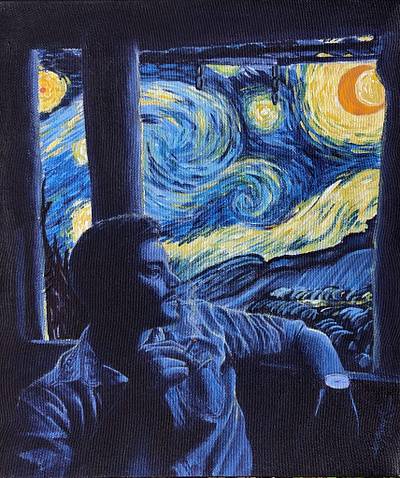 Melancholic Starry Night acrylic painting conceptual art illustration starry night traditional painting vangogh style