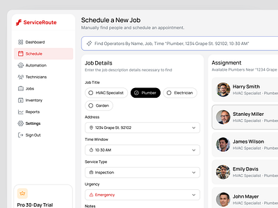 AI-Assisted Scheduling for Maintenance & Repair Services admin app b2b clean desktop dispatching electrician havc home las 3 miles logistics plumber product design repair route saas schedule ui ux web app
