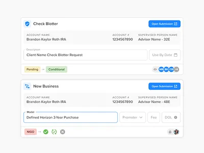 Child Submission Cards account blue card status submission ui