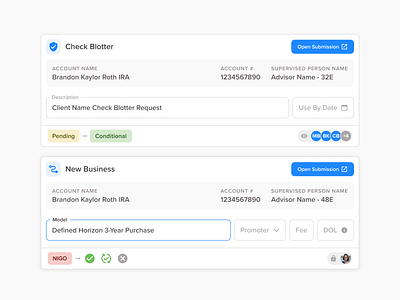 Child Submission Cards account blue card status submission ui