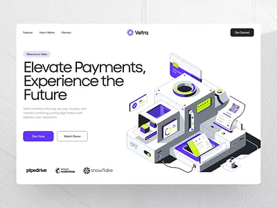 Veltra. - Elevating Transactions Landing Page animation design economi finance header illustration isometric landing page payment technology ui uidesign uiux web app web design website