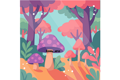 Cartoon Whimsical Mushroom and Trees background beautiful dream enchanted environment fairy fantasy forest herbs imagination leaf leaves magic mushroom mystic nature plant pure tale wild