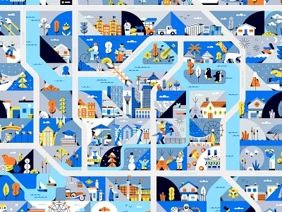 ATB Financial Calgary Community Map abstract animals architecture blue branding city design geometric grid illustration landmarks map minimal people texture vector
