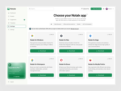 Notalx - Dashboard AI SAAS Writing - Get Apps Page ai assistant animation apps card clean dashboard dashboard ai design document document ai integration integration page note saas ai smooth ui uiux ux writing
