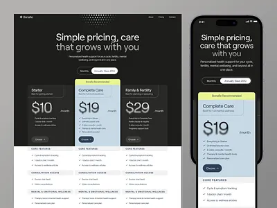 Bonafie - Pricing Page cards clean compare plan doctor health care health track landing page mental care plan pricing pricing cards pricing page pricing plan pricing table subscription ui web design web pricing website wellness