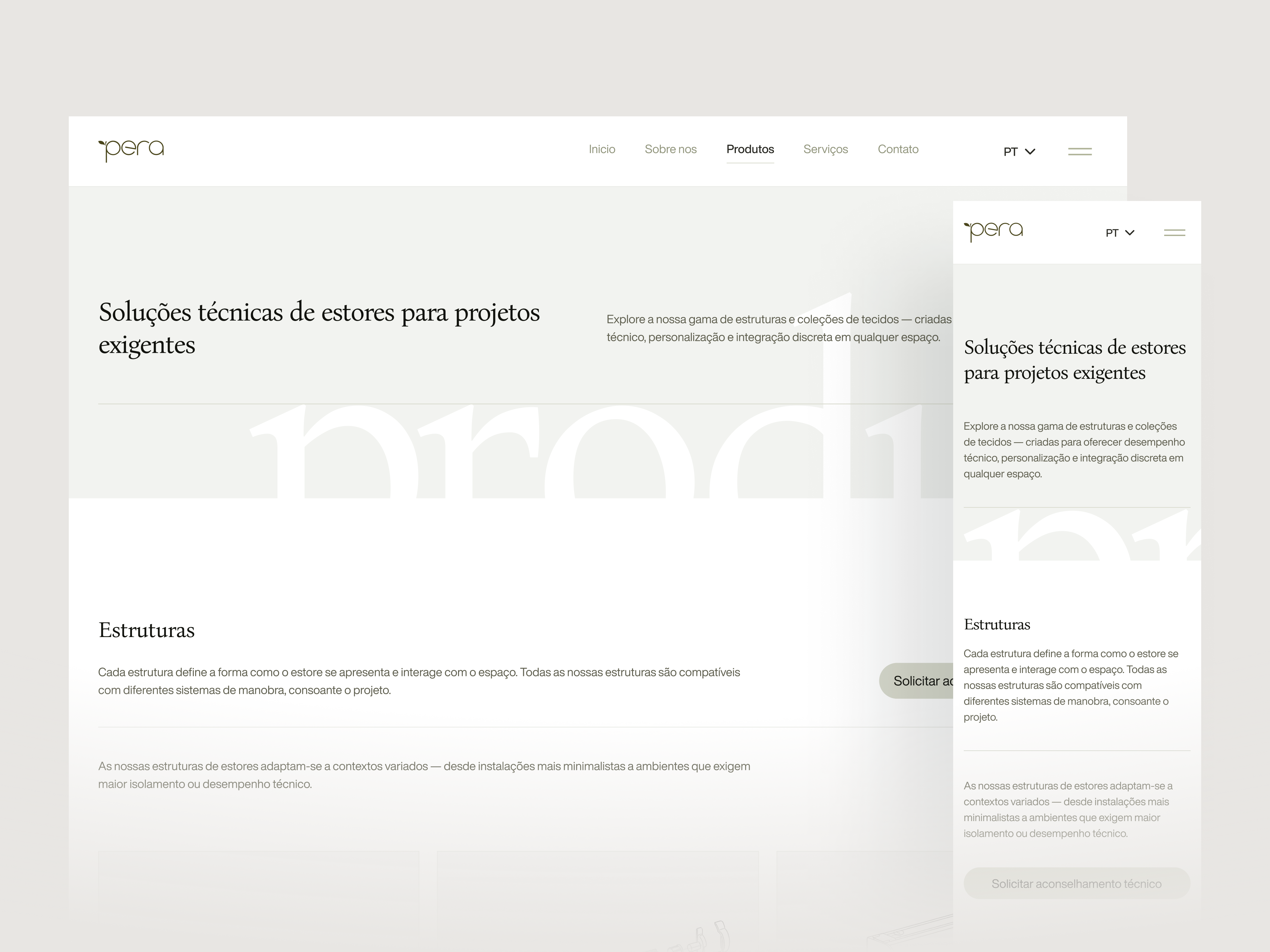 Pêra Interiores – Product page design (Desktop + Mobile) architecture blindsdesign desktop grid interior design mobile premium product page soft webpage website