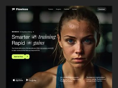Flowless — GYM Website UI/UX Design | Header Design bodybuilding website darkmode fitness fitness app fitness platform fitnesswebsite gym gym dashboard gym website hero landing landing ui minimalui modernui responsiveui smart gym website uiux uiux design website design workouttracker