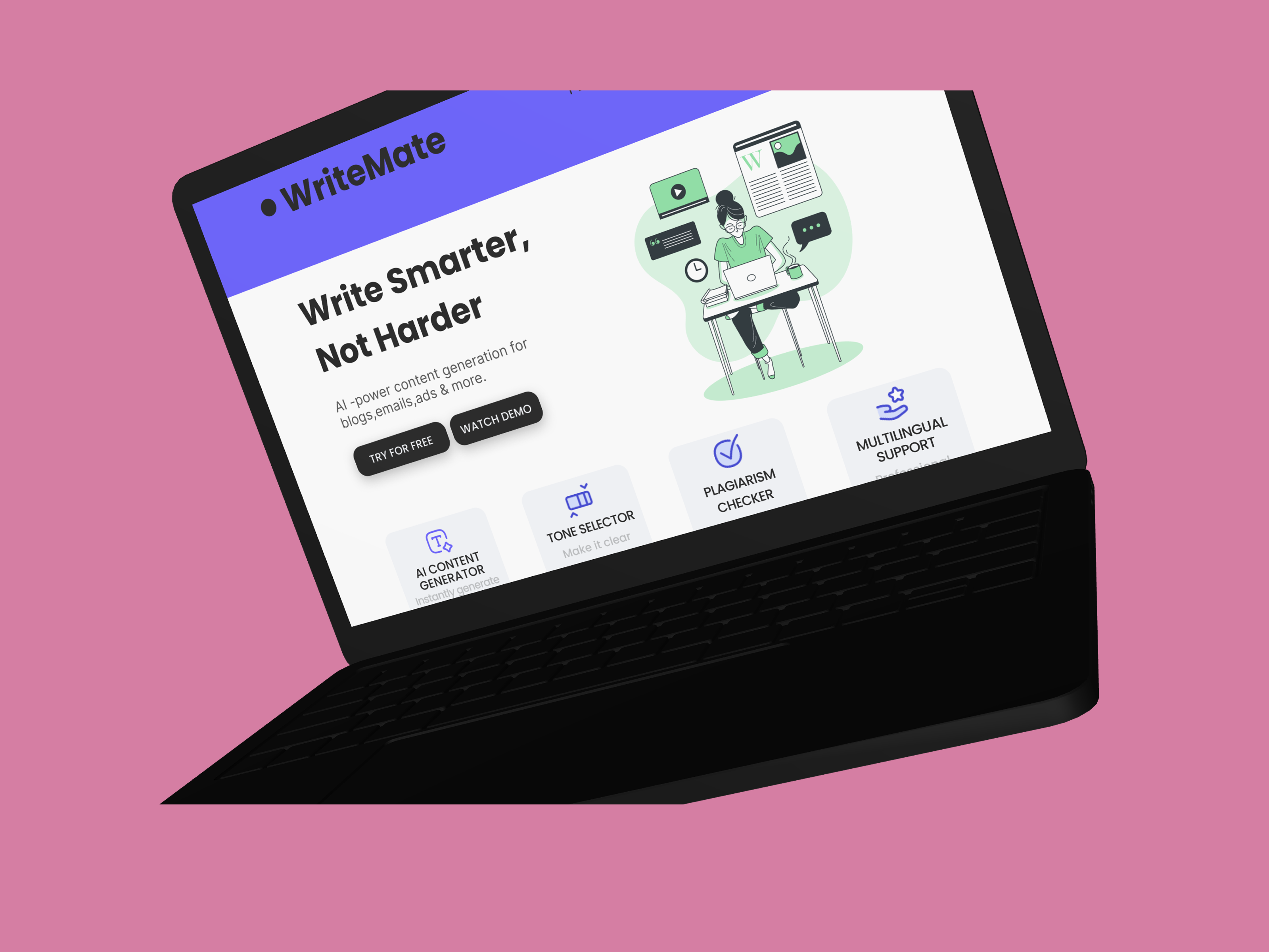 WriteMate – AI Content Writing Tool Landing Page ai app design app ui clean ui figma landing page minimal mobile app saas saas design saas landing page ui design ui ux design ux design web design website