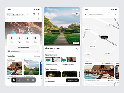 Travel Mobile App details eventmobileapp graphic design holidaymobileapp hotel location map mobileapp mobileios pricing ticket travel travelapp trip ui uiux