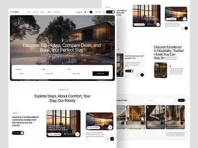 Sunrise – Hotel Website Design booking platform figma ui hotel booking website hotel search hotel ui design landing page modern hotel website property booking ui real estate room reservation travel agency website travel app ui travel ux travel website ui web design website