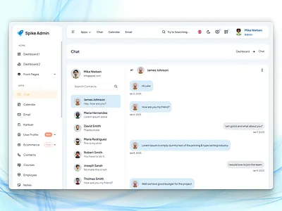 Spike Chat Page Design admin dashboard design admin dashboard ui admin panel ux admin template design animation chat app design chat design components chat ui chat ui components clean chat layout communication tool ui developer friendly ui interactive messaging ui messaging app ui modern admin panel real time chat design responsive chat layout saas chat app saas chat interface saas template design