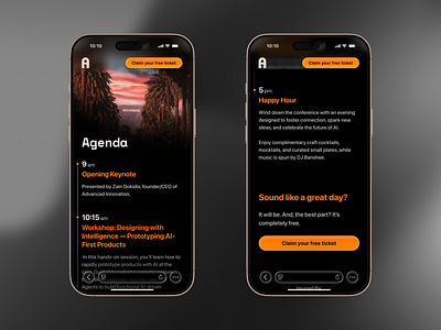 AI Conference Landing Page conference dark mode design event gradient ios iphone landing los angeles mobile orange page site startup tech ui ux web