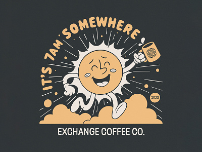 It's 7am Somewhere character coffee design graphic handmade illustration lettering mascot merch shirt shop sun swag tee texture tshirt type typography