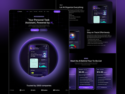 AI Task Management Landing Page ai landing page ai platform ai productivity ai task management ai tool ui ai website design crm website darkmode homepage landing page modern saas design no code website project management saas landing page saas website design task management website todoapp ui design vidio editor landing page web design