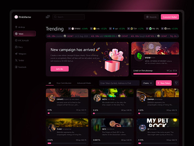Meme Trending Token Listing blockchaindesign cryptodesign cryptoui defi dribbbleshot memecoin memetoken trendingtokens web design web site web3 web3ux