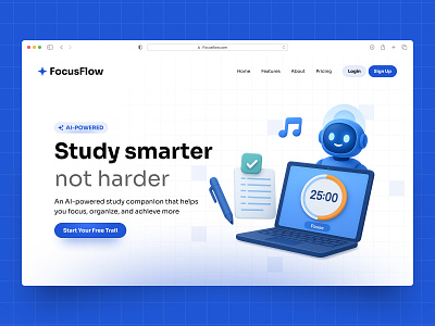 FocusFlow – AI-Powered Study Companion ai software designerzafor figma website landing page landing page ui ui design ui ux design user interface design visual deisgn vortex dezign website design website ui design