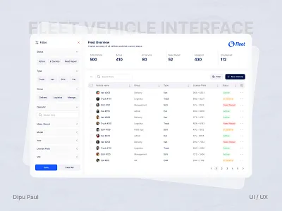 Fleet Vehicle Interface - Case Study admin dashboard b dashboard bulk actions dashboard interface data table ui design system desktop app ui enterprise ui figma figma design filters fleet dashboard fleet management modern ui product design saas app user interface ux ui design vehicle management web app design
