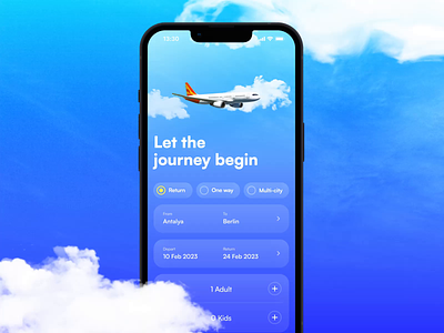 Flight Ticket Booking App Concept airbus airjet animation app blue booking buy clouds flight fly mobile motion graphics ticket transition ui